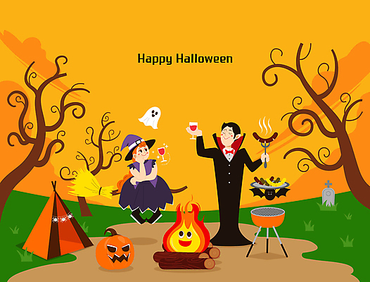 전신 여자 남자 와인잔 일러스트 텐트 들기 성인 두명 주황색 캠핑 할로윈 소시지 유령 모닥불 바비큐 마녀 드라큘라 마법빗자루 바베큐그릴 잭오랜턴 성인만 국내일러스트 AI파일 음식 컬러 술잔 모션 불 레저 캠핑도구 사람 가공식품 그릴 빗자루 파일형식 벡터