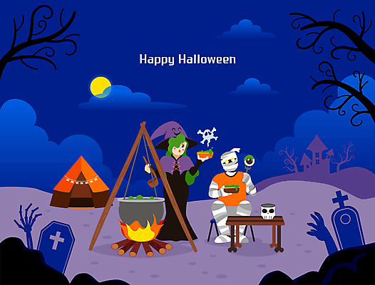 전신 여자 일러스트 탁자 텐트 요리 한명 들기 성인 파란색 캠핑 할로윈 보름달 무덤 수프 야간 모닥불 마녀 미라 성인여자한명만 국내일러스트 AI파일 자연요소 1 컬러 가구 모션 불 레저 캠핑도구 사람 달 여자한명만 성인여자만 파일형식 벡터