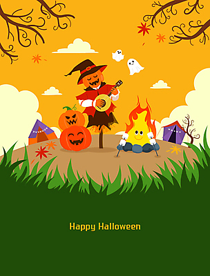 단풍 연주 일러스트 호박 텐트 잔디 사람없음 주황색 캠핑 할로윈 유령 모닥불 우쿨렐레 마시멜로우 몬스터 잭오랜턴 국내일러스트 AI파일 식물 음악 컬러 잎 채소 불 현악기 레저 디저트 캠핑도구 파일형식 벡터