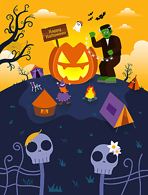 전신 여자 어린이 일러스트 호박 해골 텐트 한명 소녀 장식 파티 주황색 팻말 캠핑 할로윈 유령 마녀 박쥐 동산 몬스터 잭오랜턴 프랑켄슈타인 소녀한명만 국내일러스트 AI파일 1 컬러 채소 포유류 레저 뼈 프레임 캠핑도구 사람 이벤트 여자한명만 소녀만 파일형식 벡터