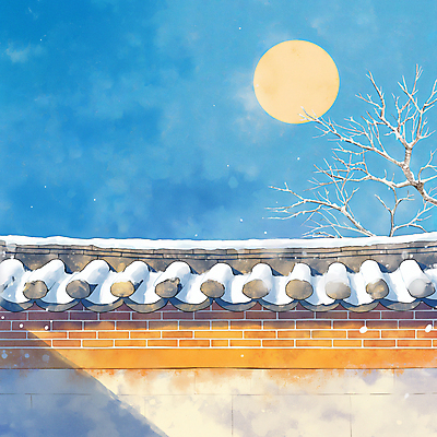 JPG 겨울 일러스트 밤하늘 수채화 한옥 풍경 사람없음 파란색 담장 보름달 나뭇가지 눈 달빛 겨울풍경 국내일러스트 AI일러스트 AI콘텐츠 자연요소 나무 한국전통 계절 컬러 고건축 하늘 날씨 달 야간 파일형식