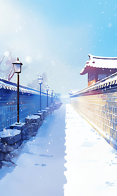 JPG 겨울 가로등 일러스트 하늘 수채화 한옥 그림자 풍경 사람없음 담장 눈 한옥마을 돌담길 겨울풍경 국내일러스트 AI일러스트 AI콘텐츠 자연요소 한국전통 계절 공공시설 길 고건축 날씨 돌담 마을 파일형식