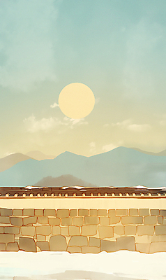 JPG 겨울 일러스트 하늘 수채화 한옥 풍경 사람없음 담장 태양 노을 눈 겨울풍경 국내일러스트 AI일러스트 AI콘텐츠 자연요소 한국전통 계절 고건축 날씨 파일형식