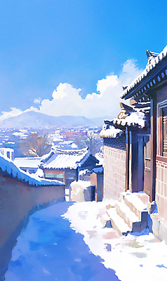 JPG 구름 전통 겨울 일러스트 하늘 수채화 한옥 풍경 사람없음 파란색 담장 눈 한옥마을 겨울풍경 국내일러스트 AI일러스트 AI콘텐츠 자연요소 한국전통 계절 컬러 고건축 날씨 마을 파일형식