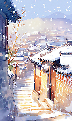 JPG 나무 구름 겨울 일러스트 하늘 수채화 한옥 풍경 사람없음 담장 눈 한옥마을 겨울풍경 국내일러스트 AI일러스트 AI콘텐츠 자연요소 식물 한국전통 계절 고건축 날씨 마을 파일형식