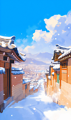 JPG 구름 겨울 일러스트 하늘 수채화 산 한옥 풍경 사람없음 파란색 담장 눈 한옥마을 겨울풍경 국내일러스트 AI일러스트 AI콘텐츠 자연요소 한국전통 계절 컬러 고건축 날씨 마을 파일형식