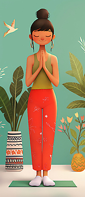 JPG 전신 여자 화분 잎 일러스트 요가 조류 건강 한명 서기 성인 초록색 운동 평화 스트레칭 요가자세 매트 편안함 명상 손모으기 성인여자한명만 국내일러스트 AI일러스트 AI콘텐츠 식물 동물 1 웰빙 컬러 포즈 컨셉 모션 사람 손짓 감각 여자한명만 성인여자만 파일형식