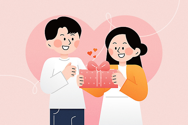 커플 여자 남자 행복 분홍색 일러스트 발렌타인데이 사랑 미소 상반신 성인 두명 기쁨 로맨틱 하트 주기 성인만 국내일러스트 AI파일 모양 감정 컬러 컨셉 관계 모션 데이이벤트 표정 사람 파일형식 벡터