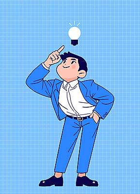 전신 남자 생각 일러스트 비즈니스 전구 아이디어 한명 정장 성인 파란색 가리킴 비즈니스맨 주머니손 구상 창의성 성인남자한명만 국내일러스트 AI파일 1 옷 컬러 컨셉 모션 사람 손짓 직장인 남자한명만 성인남자만 파일형식 벡터