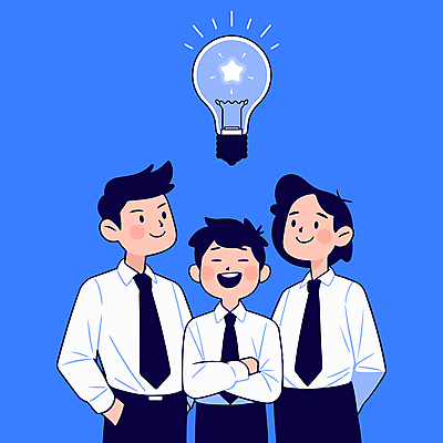 남자 일러스트 비즈니스 전구 회의 협력 아이디어 웃음 정장 상반신 성인 세명 파란색 팔짱 비즈니스맨 주머니손 성인남자만 국내일러스트 AI파일 옷 컬러 컨셉 모션 표정 사람 직장인 남자만 성인만 파일형식 벡터