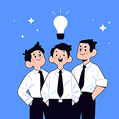 남자 일러스트 비즈니스 전구 회의 협력 아이디어 웃음 정장 상반신 성인 세명 파란색 비즈니스맨 주머니손 성인남자만 국내일러스트 AI파일 옷 컬러 컨셉 모션 표정 사람 직장인 남자만 성인만 파일형식 벡터