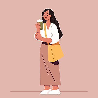 전신 여자 커피 가방 일러스트 한명 서기 들기 성인 가을 직장인 출근 성인여자한명만 2025년 트렌드컬러 국내일러스트 모카무스 AI파일 직업 1 잡화 계절 음료 컬러 모션 사람 연도 출퇴근 여자한명만 성인여자만 파일형식 벡터