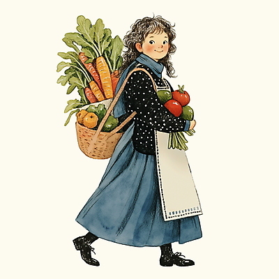 전신 PSD 원피스 여자 토마토 일러스트 청소년 한명 앞치마 당근 앤티크 빈티지 장바구니 십대여자한명만 국내일러스트 1 옷 컨셉 채소 뿌리채소 사람 쇼핑 바구니 여자한명만 십대여자만 파일형식