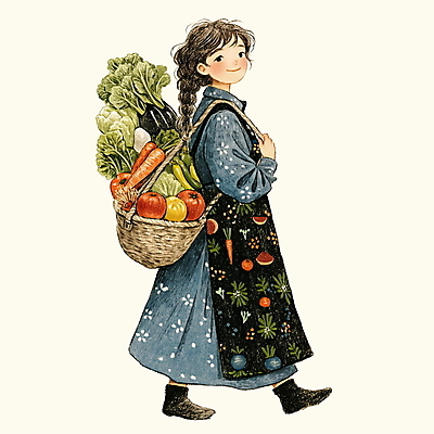 전신 PSD 원피스 여자 토마토 일러스트 청소년 한명 앞치마 당근 앤티크 빈티지 장바구니 배추 십대여자한명만 국내일러스트 1 옷 컨셉 채소 뿌리채소 사람 쇼핑 바구니 여자한명만 십대여자만 파일형식