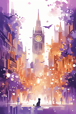 JPG 구름 야경 가로등 일러스트 사람없음 판타지 보라색 주황색 황혼 할로윈 도시 분위기 신비 시계탑 박쥐 국내일러스트 AI일러스트 AI콘텐츠 자연요소 공공시설 컬러 컨셉 포유류 상상 탑 일몰 야간 파일형식 풍경_경치