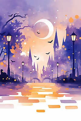 JPG 야경 가로등 일러스트 사람없음 빛 판타지 보라색 주황색 황혼 할로윈 달 도시 성 신비 박쥐 가교 국내일러스트 AI일러스트 AI콘텐츠 자연요소 건축물 공공시설 컬러 컨셉 포유류 상상 일몰 야간 파일형식 풍경_경치