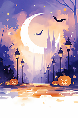 JPG 야경 가로등 일러스트 사람없음 판타지 반사 보라색 주황색 황혼 할로윈 달 도시 성 신비 박쥐 잭오랜턴 가교 국내일러스트 AI일러스트 AI콘텐츠 자연요소 건축물 공공시설 컬러 컨셉 포유류 상상 일몰 야간 파일형식 풍경_경치