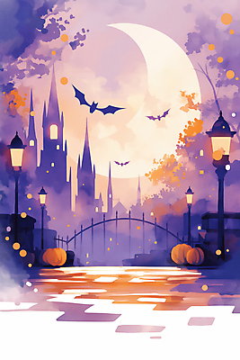 JPG 구름 야경 가로등 일러스트 호박 사람없음 빛 판타지 보라색 주황색 황혼 할로윈 달 도시 성 신비 박쥐 국내일러스트 AI일러스트 AI콘텐츠 자연요소 건축물 공공시설 컬러 컨셉 채소 포유류 상상 일몰 야간 파일형식 풍경_경치