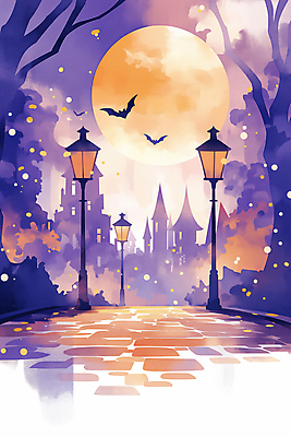 JPG 야경 가로등 일러스트 호박 사람없음 판타지 보라색 주황색 황혼 할로윈 달 도시 성 신비 박쥐 가교 국내일러스트 AI일러스트 AI콘텐츠 자연요소 건축물 공공시설 컬러 컨셉 채소 포유류 상상 일몰 야간 파일형식 풍경_경치