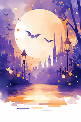 JPG 야경 가로등 일러스트 호박 사람없음 판타지 반사 보라색 주황색 황혼 할로윈 달 도시 성 신비 박쥐 국내일러스트 AI일러스트 AI콘텐츠 자연요소 건축물 공공시설 컬러 컨셉 채소 포유류 상상 일몰 야간 파일형식 풍경_경치