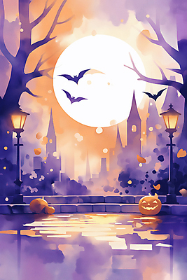 JPG 나무 야경 가로등 일러스트 사람없음 빛 판타지 반사 보라색 주황색 황혼 할로윈 달 도시 성 신비 박쥐 잭오랜턴 국내일러스트 AI일러스트 AI콘텐츠 자연요소 식물 건축물 공공시설 컬러 컨셉 포유류 상상 일몰 야간 파일형식 풍경_경치
