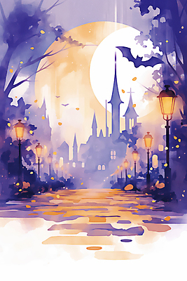 JPG 야경 가로등 일러스트 사람없음 빛 판타지 반사 보라색 주황색 황혼 할로윈 달 도시 성 신비 국내일러스트 AI일러스트 AI콘텐츠 자연요소 건축물 공공시설 컬러 컨셉 상상 일몰 야간 파일형식 풍경_경치