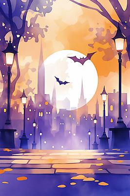 JPG 야경 가로등 일러스트 사람없음 빛 판타지 반사 보라색 주황색 황혼 할로윈 달 도시 성 신비 박쥐 국내일러스트 AI일러스트 AI콘텐츠 자연요소 건축물 공공시설 컬러 컨셉 포유류 상상 일몰 야간 파일형식 풍경_경치