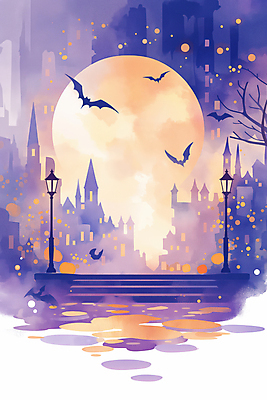 JPG 야경 가로등 일러스트 사람없음 빛 판타지 반사 보라색 주황색 황혼 할로윈 달 도시 성 신비 박쥐 국내일러스트 AI일러스트 AI콘텐츠 자연요소 건축물 공공시설 컬러 컨셉 포유류 상상 일몰 야간 파일형식 풍경_경치