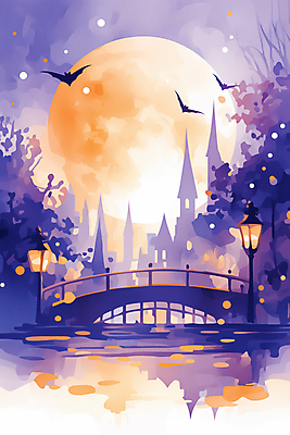 JPG 야경 가로등 일러스트 사람없음 빛 판타지 보라색 주황색 황혼 할로윈 달 도시 성 신비 박쥐 가교 국내일러스트 AI일러스트 AI콘텐츠 자연요소 건축물 공공시설 컬러 컨셉 포유류 상상 일몰 야간 파일형식 풍경_경치
