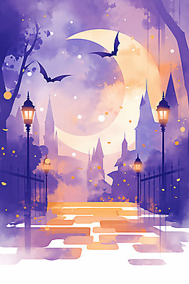 JPG 야경 가로등 일러스트 사람없음 빛 판타지 보라색 주황색 황혼 할로윈 달 도시 성 신비 박쥐 가교 국내일러스트 AI일러스트 AI콘텐츠 자연요소 건축물 공공시설 컬러 컨셉 포유류 상상 일몰 야간 파일형식 풍경_경치