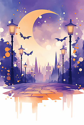 JPG 야경 가로등 일러스트 사람없음 빛 판타지 보라색 주황색 황혼 할로윈 달 도시 성 신비 박쥐 가교 국내일러스트 AI일러스트 AI콘텐츠 자연요소 건축물 공공시설 컬러 컨셉 포유류 상상 일몰 야간 파일형식 풍경_경치