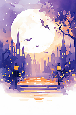 JPG 나무 야경 가로등 일러스트 사람없음 판타지 보라색 주황색 황혼 할로윈 달 도시 성 신비 박쥐 가교 국내일러스트 AI일러스트 AI콘텐츠 자연요소 식물 건축물 공공시설 컬러 컨셉 포유류 상상 일몰 야간 파일형식 풍경_경치