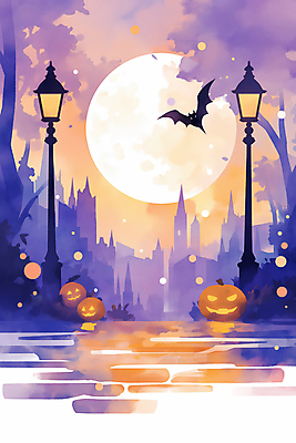 JPG 야경 가로등 일러스트 사람없음 빛 판타지 보라색 주황색 황혼 할로윈 달 도시 성 신비 박쥐 잭오랜턴 가교 국내일러스트 AI일러스트 AI콘텐츠 자연요소 건축물 공공시설 컬러 컨셉 포유류 상상 일몰 야간 파일형식 풍경_경치