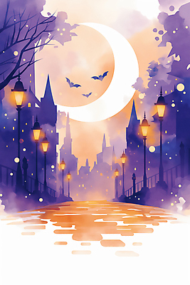 JPG 야경 가로등 일러스트 사람없음 빛 판타지 보라색 주황색 황혼 할로윈 달 도시 성 신비 박쥐 가교 국내일러스트 AI일러스트 AI콘텐츠 자연요소 건축물 공공시설 컬러 컨셉 포유류 상상 일몰 야간 파일형식 풍경_경치