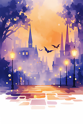JPG 야경 가로등 일러스트 사람없음 빛 판타지 보라색 주황색 황혼 할로윈 달 도시 성 신비 박쥐 가교 국내일러스트 AI일러스트 AI콘텐츠 자연요소 건축물 공공시설 컬러 컨셉 포유류 상상 일몰 야간 파일형식 풍경_경치