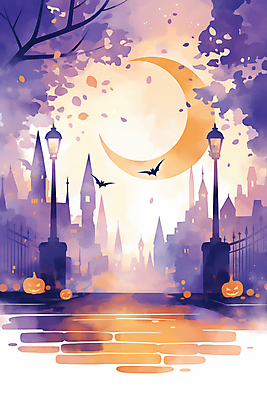 JPG 야경 가로등 일러스트 사람없음 판타지 보라색 주황색 황혼 할로윈 달 도시 성 신비 박쥐 가교 국내일러스트 AI일러스트 AI콘텐츠 자연요소 건축물 공공시설 컬러 컨셉 포유류 상상 일몰 야간 파일형식 풍경_경치