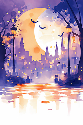 JPG 야경 가로등 일러스트 사람없음 빛 판타지 보라색 주황색 황혼 할로윈 달 도시 성 신비 박쥐 가교 국내일러스트 AI일러스트 AI콘텐츠 자연요소 건축물 공공시설 컬러 컨셉 포유류 상상 일몰 야간 파일형식 풍경_경치