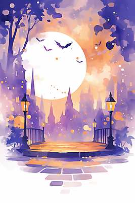JPG 야경 가로등 일러스트 사람없음 빛 판타지 보라색 주황색 황혼 할로윈 달 도시 성 신비 박쥐 가교 국내일러스트 AI일러스트 AI콘텐츠 자연요소 건축물 공공시설 컬러 컨셉 포유류 상상 일몰 야간 파일형식 풍경_경치