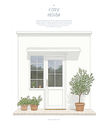 PSD 나무 화분 일러스트 창문 수채화 주택 사람없음 문 흰색 풀 화단 국내일러스트 식물 컬러 건물 파일형식