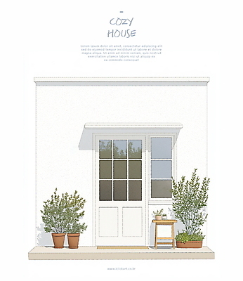 PSD 화분 잎 일러스트 창문 수채화 주택 사람없음 문 흰색 화단 국내일러스트 식물 컬러 건물 파일형식