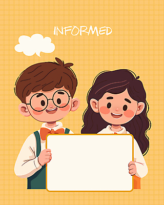 전신 배너 여자 남자 어린이 일러스트 알림판 미소 소녀 소년 두명 노란색 팻말 정보 알림 어린이만 카피스페이스 국내일러스트 AI파일 컬러 프레임 표정 사람 공백 파일형식 벡터