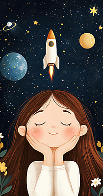 JPG 여자 행복 어린이 일러스트 상상 밤하늘 동화 한명 미소 소녀 우주 귀여움 턱괴기 꿈 행성 로켓 탐험 남색 어린이상상 공상 소녀한명만 국내일러스트 AI일러스트 AI콘텐츠 1 감정 컬러 컨셉 모션 하늘 표정 사람 야간 여자한명만 소녀만 파일형식