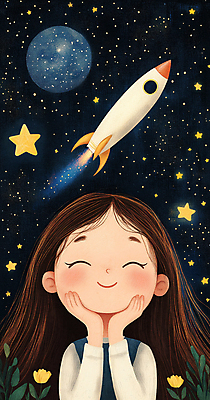 JPG 여자 행복 어린이 일러스트 상상 밤하늘 동화 한명 미소 소녀 우주 귀여움 턱괴기 꿈 행성 로켓 탐험 남색 어린이상상 공상 소녀한명만 국내일러스트 AI일러스트 AI콘텐츠 1 감정 컬러 컨셉 모션 하늘 표정 사람 야간 여자한명만 소녀만 파일형식