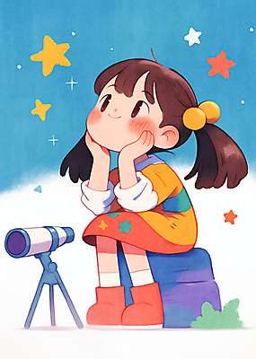 JPG 전신 여자 행복 별 어린이 일러스트 상상 한명 미소 소녀 책 우주 턱괴기 망원경 어린이상상 공상 소녀한명만 국내일러스트 AI일러스트 AI콘텐츠 자연요소 1 감정 모션 표정 사람 여자한명만 소녀만 파일형식