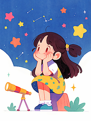 JPG 전신 여자 행복 별 어린이 일러스트 상상 한명 미소 소녀 책 우주 턱괴기 망원경 어린이상상 공상 소녀한명만 국내일러스트 AI일러스트 AI콘텐츠 자연요소 1 감정 모션 표정 사람 여자한명만 소녀만 파일형식