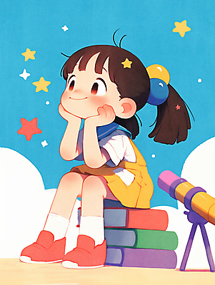 JPG 전신 여자 행복 별 어린이 일러스트 상상 한명 미소 소녀 책 우주 턱괴기 망원경 어린이상상 공상 소녀한명만 국내일러스트 AI일러스트 AI콘텐츠 자연요소 1 감정 모션 표정 사람 여자한명만 소녀만 파일형식