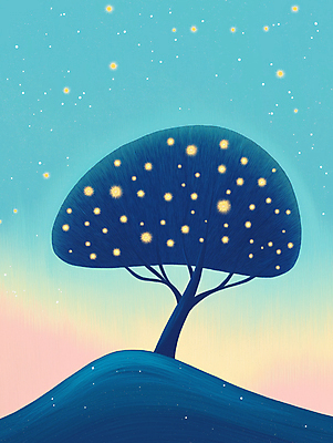 JPG 나무 일러스트 자연 밤하늘 하늘 산 사람없음 파란색 빛 고요 달 신비 언덕 몽환 환상 초현실주의 국내일러스트 AI일러스트 AI콘텐츠 자연요소 식물 컬러 컨셉 야간 생태계 파일형식