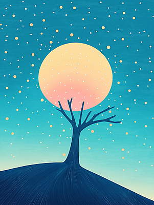 JPG 야경 일러스트 자연 밤하늘 산 사람없음 파란색 고요 언덕 몽환 환상 초현실주의 국내일러스트 AI일러스트 AI콘텐츠 컬러 컨셉 하늘 야간 생태계 파일형식 풍경_경치