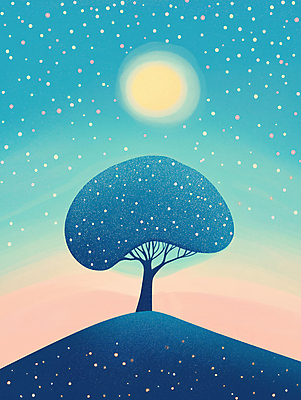 JPG 나무 야경 일러스트 자연 밤하늘 산 사람없음 파란색 고요 달 언덕 몽환 환상 초현실주의 국내일러스트 AI일러스트 AI콘텐츠 자연요소 식물 컬러 컨셉 하늘 야간 생태계 파일형식 풍경_경치