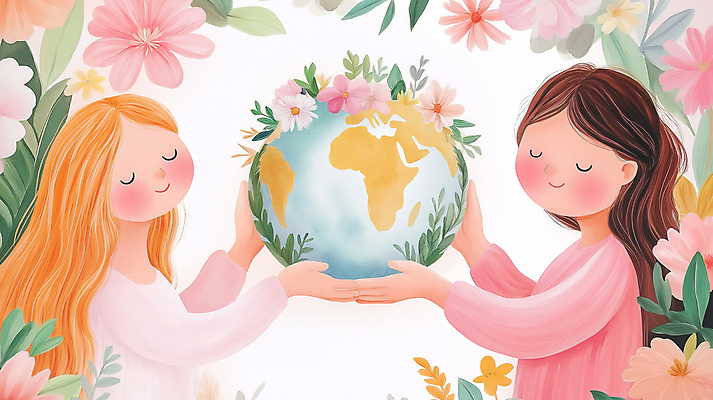 JPG 여자 꽃 지구 어린이 분홍색 일러스트 자연 사랑 미소 소녀 두명 평화 자연보호 보호 소녀만 국내일러스트 AI일러스트 AI콘텐츠 식물 감정 컬러 컨셉 표정 사람 생태계 여자만 어린이만 파일형식